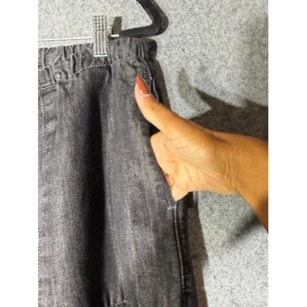 Zara Women Dark denim Linen Blend Wide Leg Elastic Waist Drawstring Pants Large